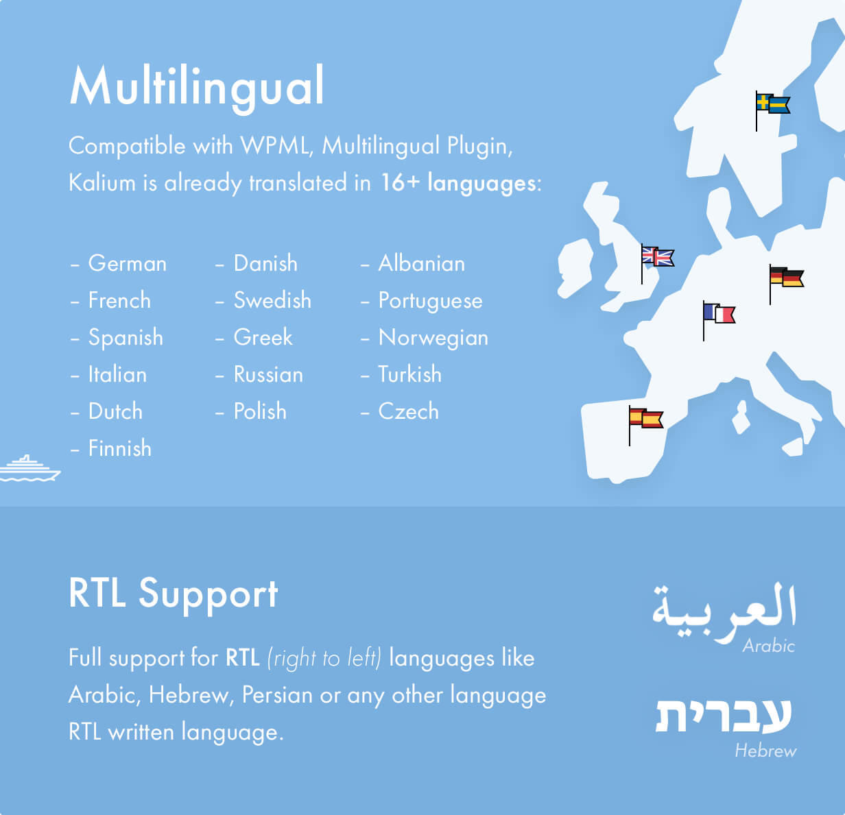 Kalium theme supports WPML for multilingual websites and RTL (right-to left) languages