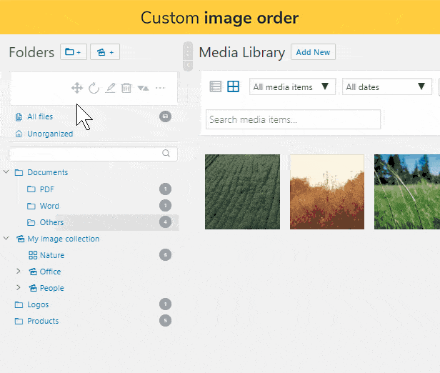 Custom image order: Move files per drag & drop  to change their order or use some order function e.g. to oder all files of the folder your are currently in by title ascending