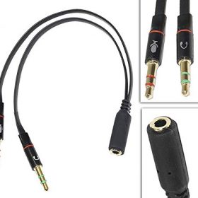 RiaTech Gold Plated 2 Male to 1 Female 3.5mm Headphone Earphone Mic Audio Y Splitter Cable for PC Laptop – Black