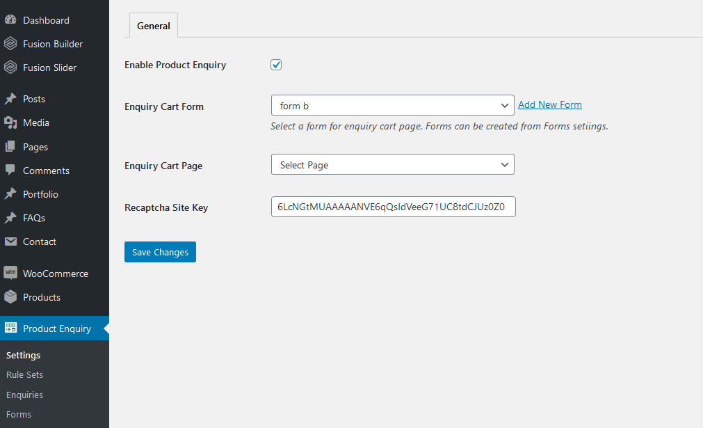 Product Enquiry General settings