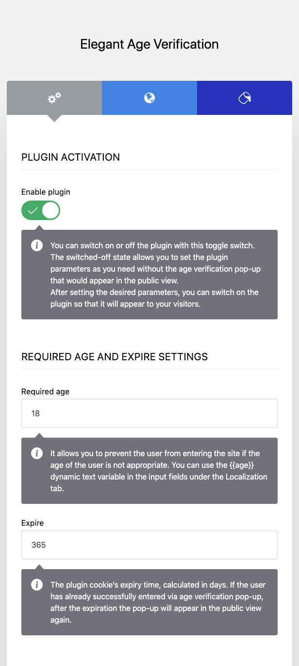 Elegant Age Verification Administration Interface – General Settings – Example 1