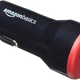 AmazonBasics 4.8 Amp/24W Dual USB Car Charger for Apple & Android Devices, Black / Red