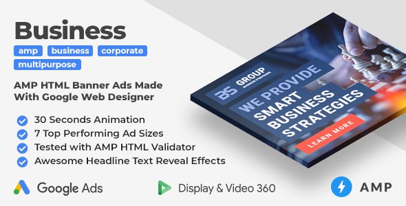 Business Strategy - Multipurpose Animated AMP HTML Banner Ad Templates (GWD, AMP)