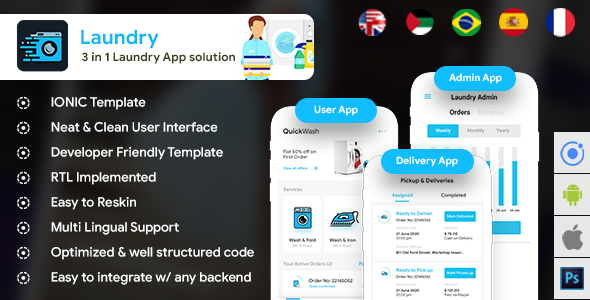 Laundry Android App + Laundry iOS App Template | Quickwash (HTML+CSS files IONIC 3)