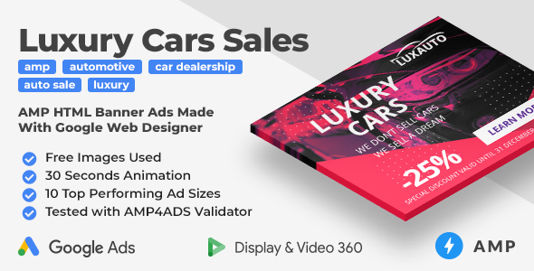 Luxauto - Luxury Cars Sales & Service Animated AMP HTML Banner Ad Templates (GWD, AMP)