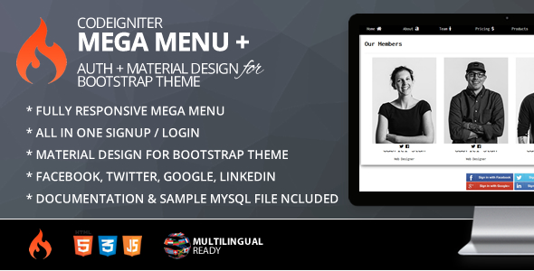 Mega Menu for CodeIgniter + ion-auth +  Material Design for Bootstrap Theme