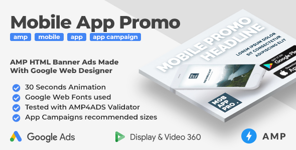 Mobile App Promo - Animated AMP HTML Banner Ad Templates (GWD, AMP)