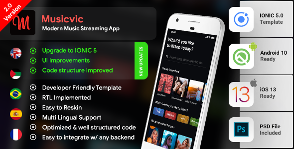 Modern Music Streaming App Template (HMTL + Css) IONIC 5 | Musicvic