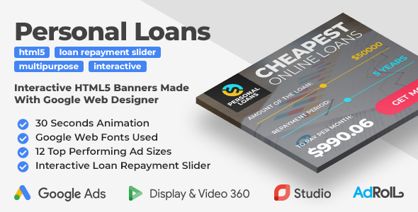 Personal Loans - Animated HTML5 Banner Ad Templates With Interactive Loan Repayment Slider (GWD)