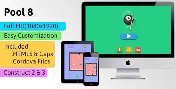 Pool 8 - HTML5 Game (Construct 2 | Construct 3 | Capx | C3p) - Puzzle Game