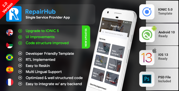 Service Provider Android App + ios App Template (HMTL + Css) IONIC 5 | RepairHub