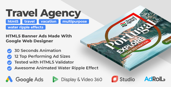 Travel Agency Animated HTML5 Banner Ad Templates With Water Ripple Effect (GWD, anime.js)