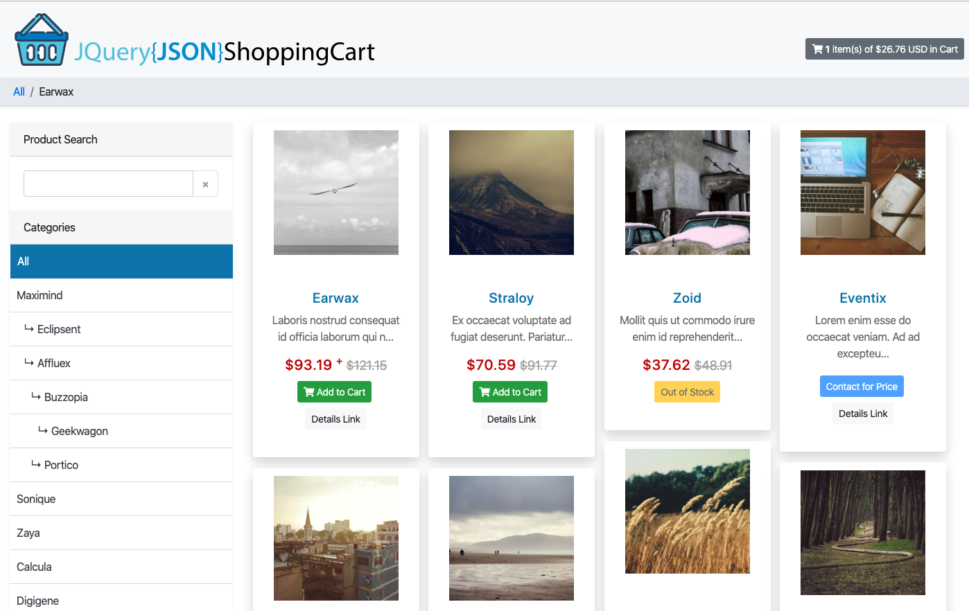 JQuery JSON Shopping Cart - Products Grid
