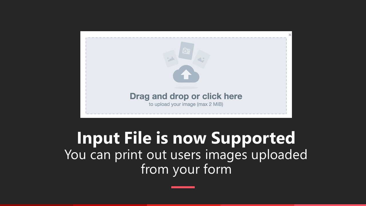 Input File is now Supported You can print out users images uploaded from your form