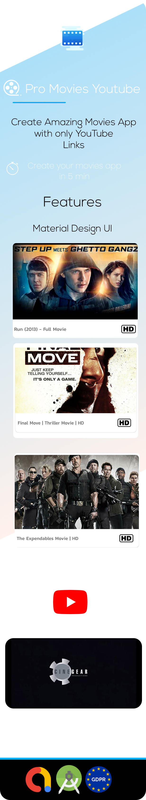 Pro Movies Youtube Minimal (Admob - GDPR - Android Studio ) - 1