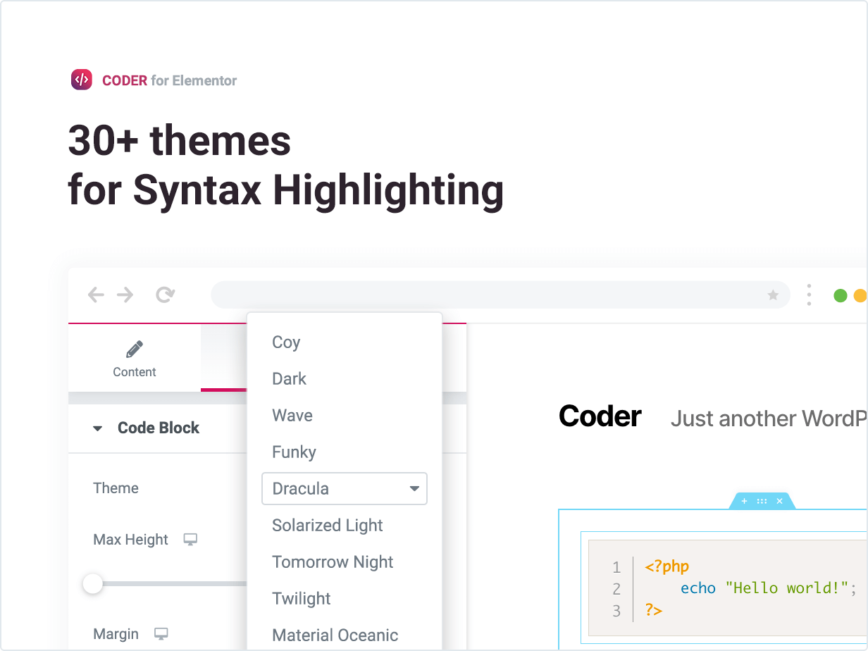 30+ themes for Syntax Highlighting