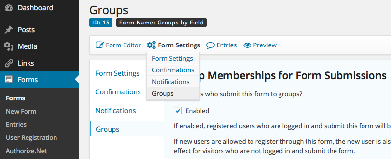 Groups Gravity Forms Form Settings