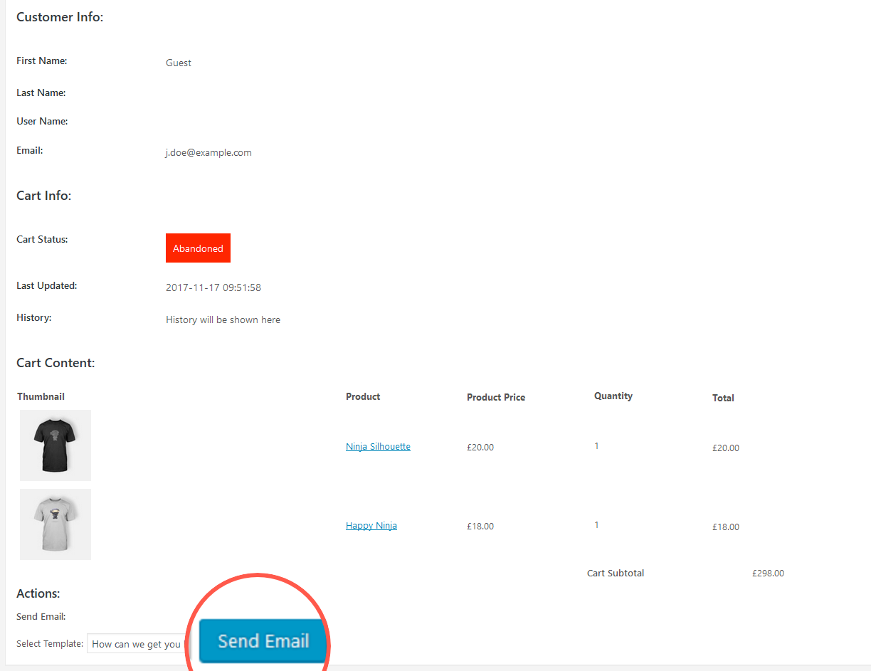 WooCommerce Abandoned Cart manual email sending option