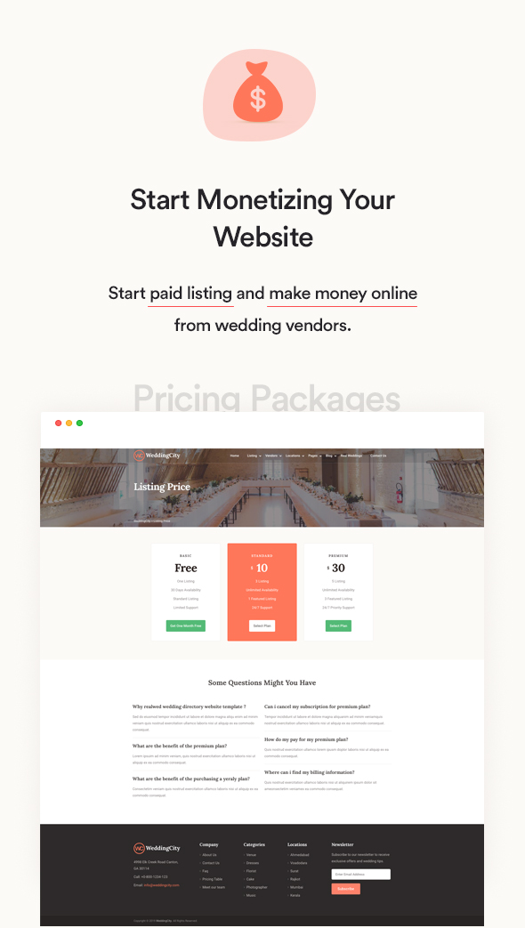 Wedding city - Directory & Listing WordPress Theme pricing plan design