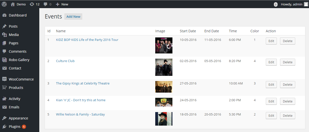 Tiva Events Calendar - Admin