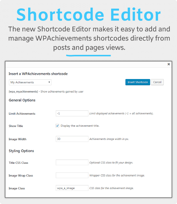 WPAchievements Shortcode Editor