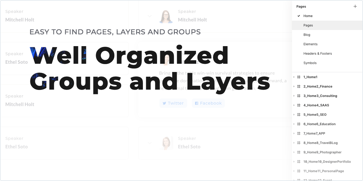 Easy to find pages, layers and groups – Well Organized Groups and Layers