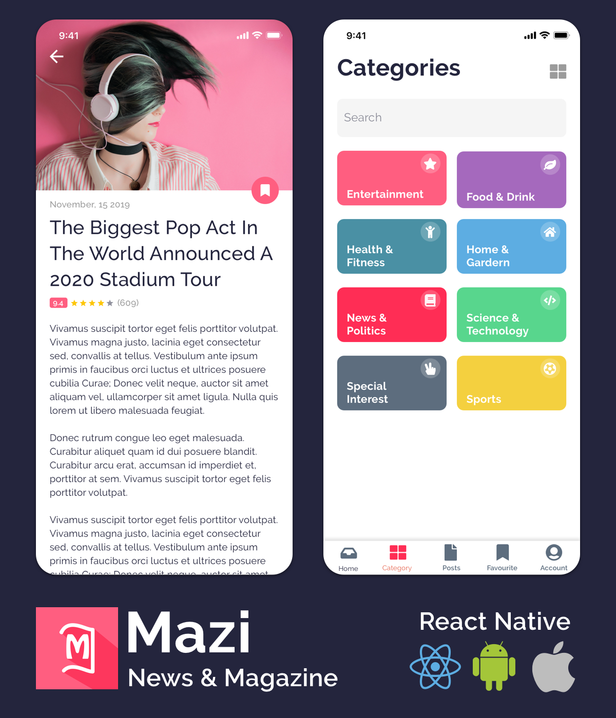 Mazi - News & Magazine for React Native mobile template - 1