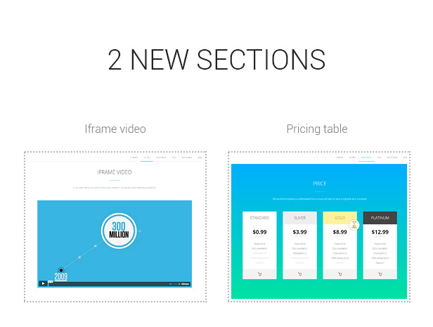 new sections: video iframe and pricing table