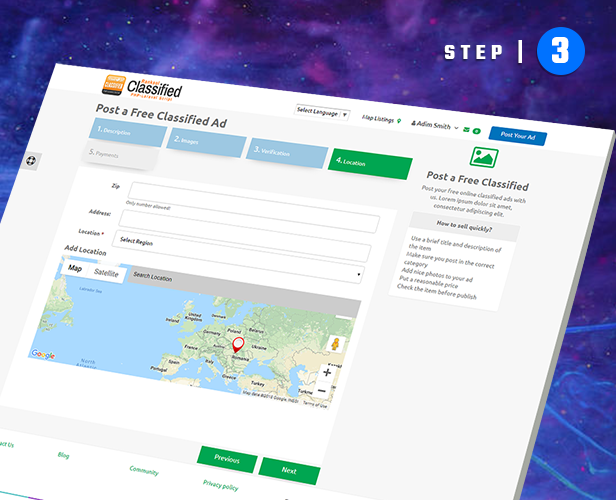 Third step for your ads posting module classified ads all in one great looking package Nimble classified ads script php and laravel geo classified advertisement cms