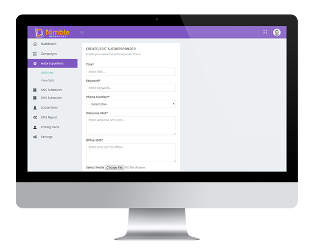 Nimble Messaging Professional SMS Marketing Application For Business -    Inside View Of Our Application i mac 4 Create add new auto responders View Edit Campaigns