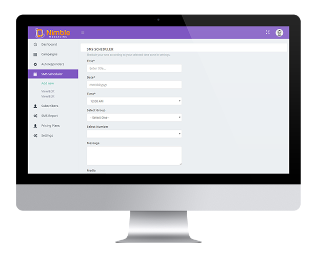 Nimble Messaging Professional SMS Marketing Application For Business -    Inside View Of Our Application i mac 6 Add New SMS Scheduler 