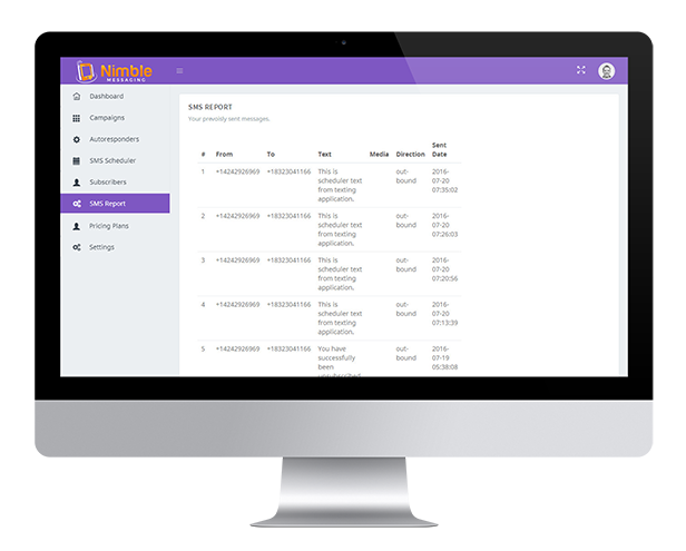 Nimble Messaging Professional SMS Marketing Application For Business -    Inside View Of Our Application i mac 10 SMS Reporting System