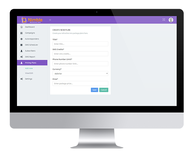 Nimble Messaging Professional SMS Marketing Application For Business -    Inside View Of Our Application i mac 11 Create New Pricing Plans