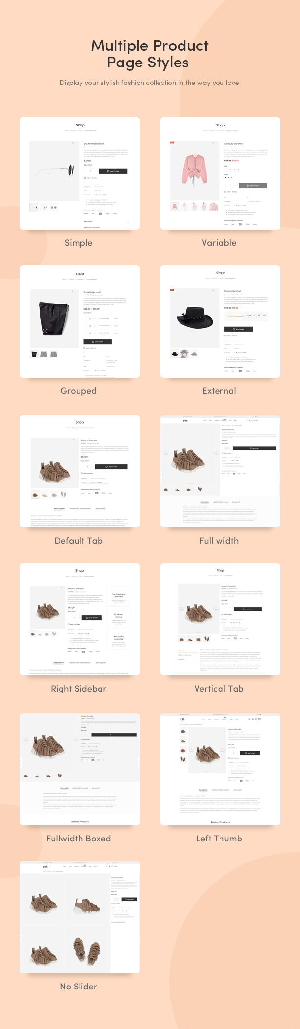 Numerous Product Page Types Designed Beautifully - Zoli - Minimal & Modern Fashion WooCommerce WordPress Theme
