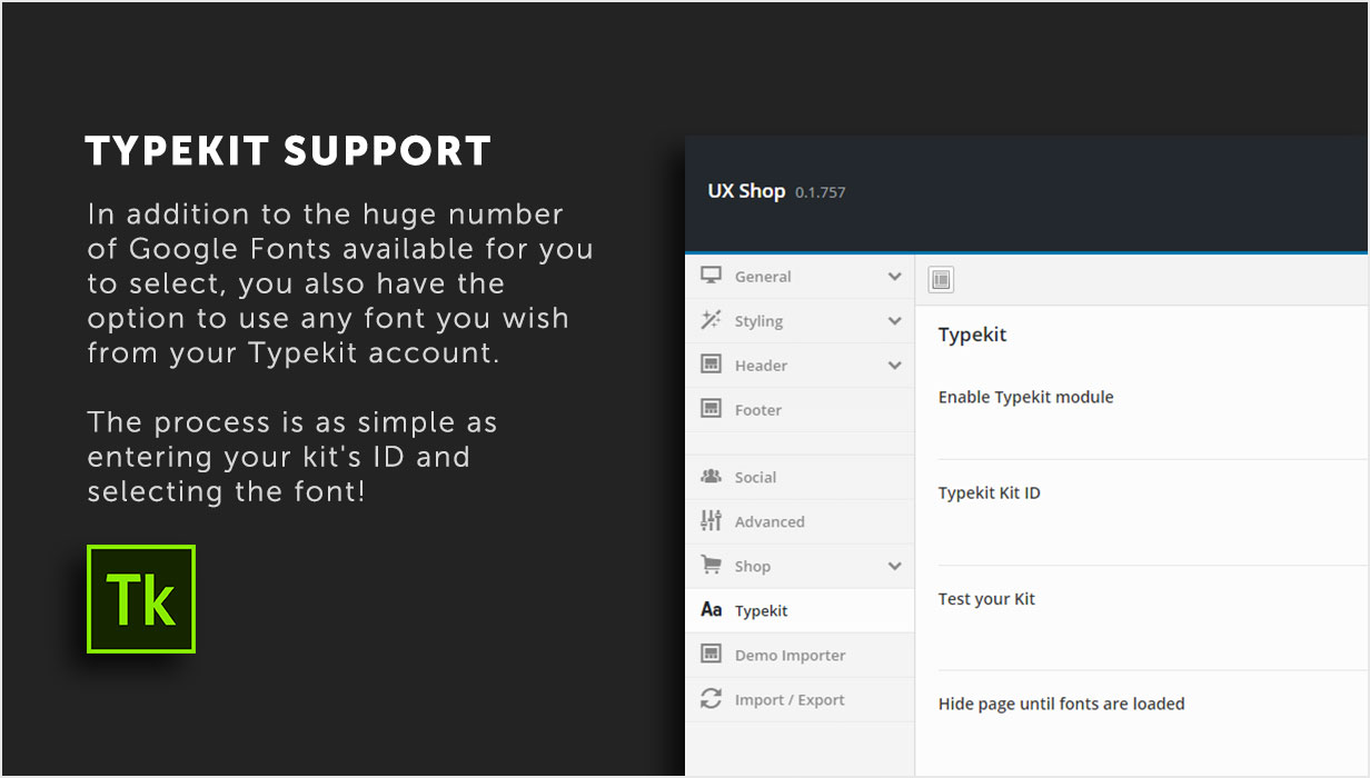 UX Shop WooCommerce theme - Built-in Typekit support