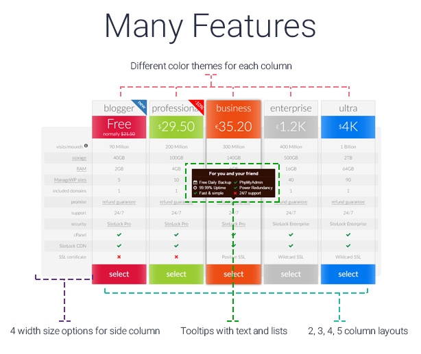 pricing table features