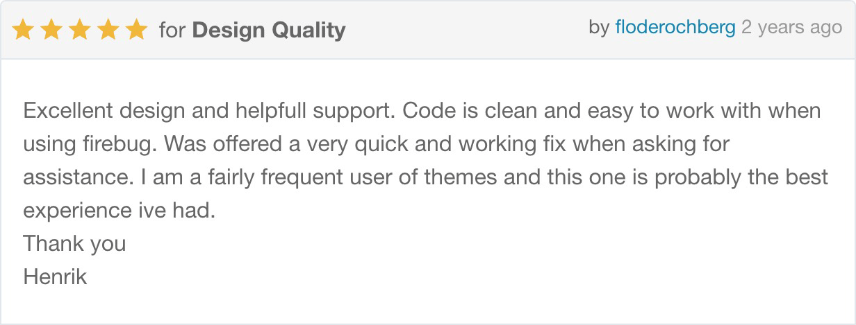 Excellent design and helpfull support. Code is clean and easy to work with when using firebug. Was offered a very quick and working fix when inquire ofing for assistance. I am a fairly frequent user of themes and this one is probably the best experience ive had. Thank you - Henrik