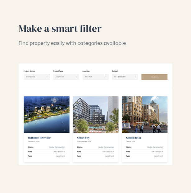 Filtering properties with some clicks with the smart filter in the real estate theme