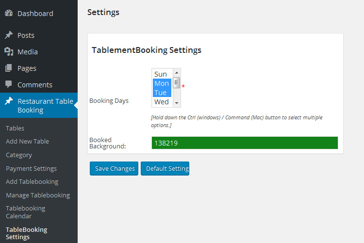 Admin Table Booking Settings