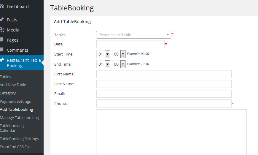 Add Table Booking