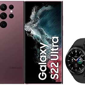 Samsung Galaxy S22 Ultra 5G (Burgundy, 12GB, 256GB Storage) with No Cost EMI/Additional Exchange Offers & Galaxy Watch4 Classic Bluetooth(4.6 cm, Black, Compatible with Android Only)