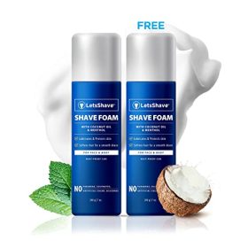 LetsShave Shave Foam Menthol for Men- 200 gm x 2, Coconut Oil Enriched - | Shaving Foam with Skin Nourishing Agents for Sensitive Skin | No artificial color and No alcohol | 200 g Each, Pack of 2