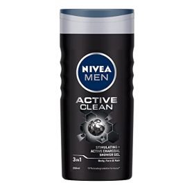 NIVEA Men Body Wash, Active Clean with Active Charcoal, Shower Gel for Body, Face & Hair, 250 ml