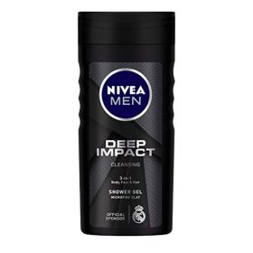 NIVEA Men Body Wash, Deep Impact, 3 in 1 Shower Gel for Body, Face & Hair, with Microfine Clay, 250 ml