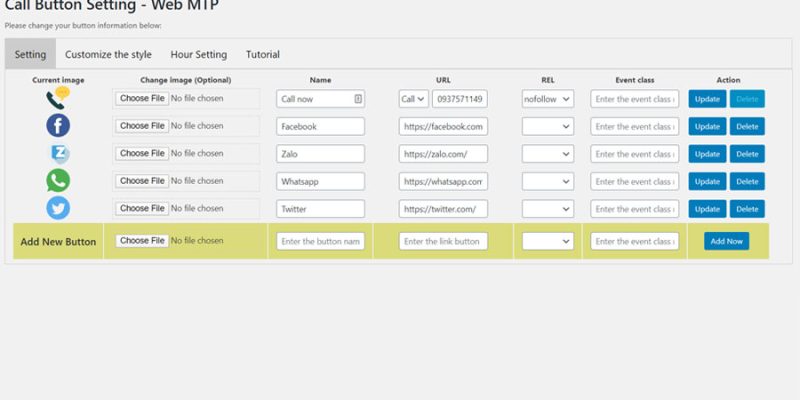 Create custom call buttons and social networks