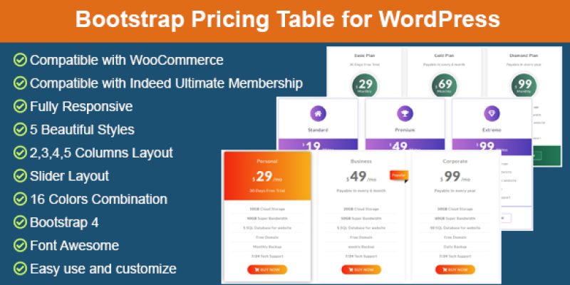 Bootstrap Pricing Table for WordPress