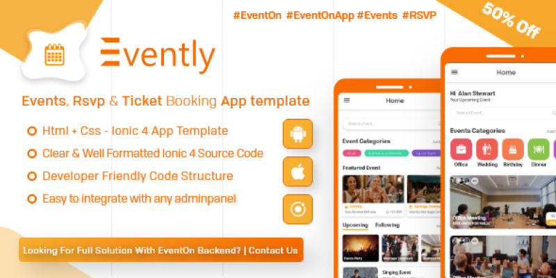 Evently – Event Calender Mobile App Template for EventOn ( HTML – CSS – Android – IOS – IONIC 4)