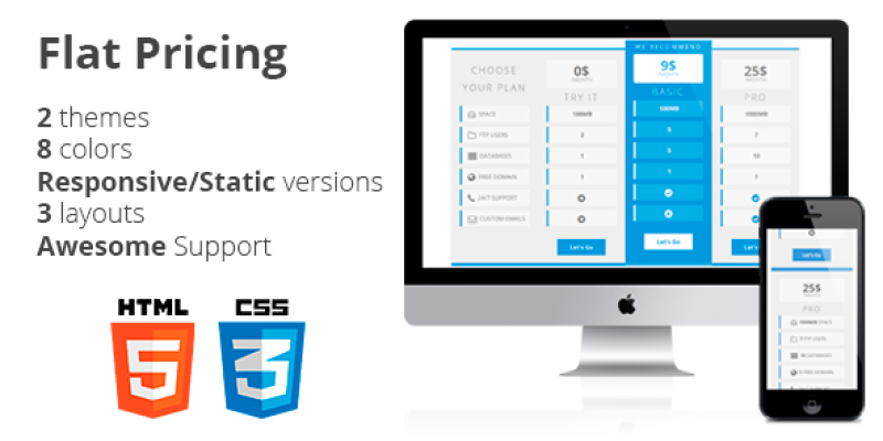 Flat Pricing Table, 2 Themes, 8 Colors