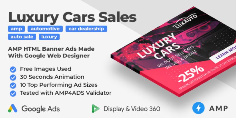 Luxauto – Luxury Cars Sales & Service Animated AMP HTML Banner Ad Templates (GWD, AMP)