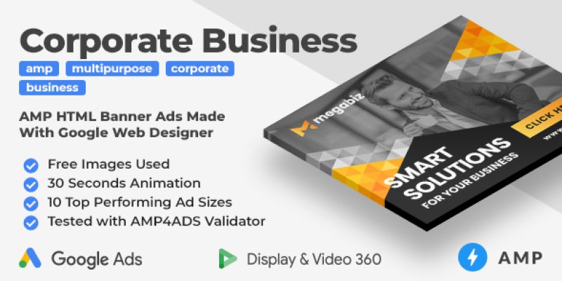 Megabiz – Multipurpose Corporate Business Animated AMP HTML Banner Ad Templates (GWD, AMP)